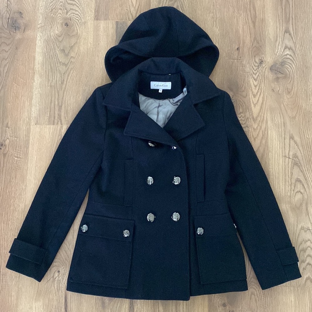 Calvin Klein Navy Pea Coat with Detachable Hood